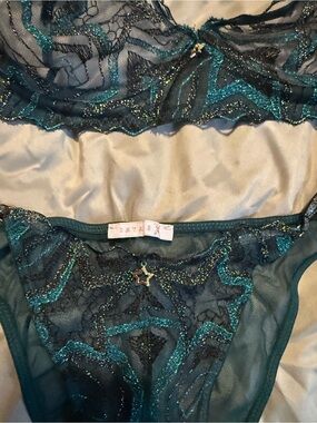 Savage X Fenty Teal and Black Sheer Lace Bra & Thong Set